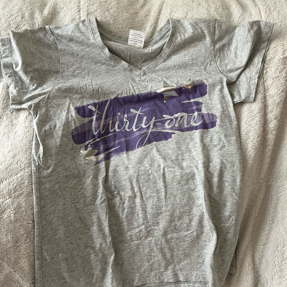 Thirty-One Tee in Gray with Purple Accents